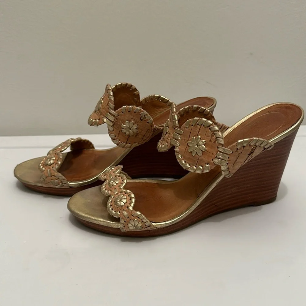 Jack Rogers Gold Leather Wedge Sandals